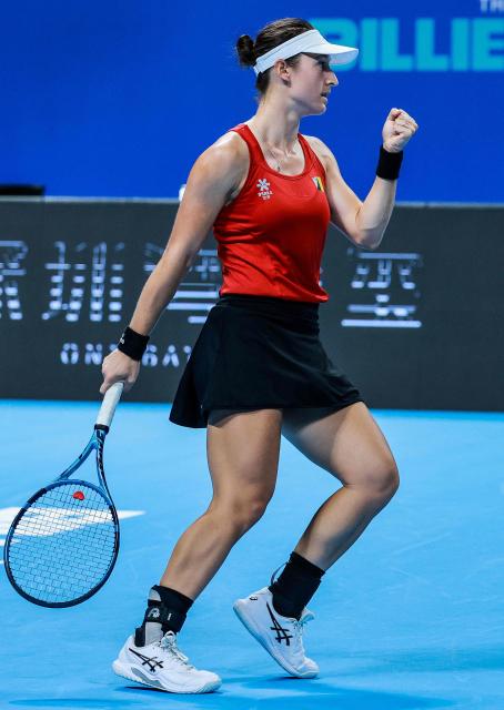 Belgium's Jana Otzipka reacts as she plays against Ukraina's Anhelina Kalinina during their women's singles quarter-final match at the Billie Jean King Cup tennis tournament in Shenzhen, southern China's Guangdong province on September 24, 2026. (Photo by CN-STR / AFP) / China OUT