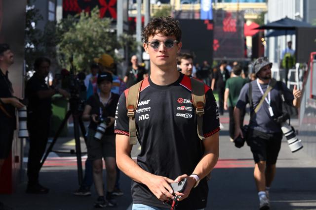 Haas F1 Team's British driver Oliver Bearman arrives in the paddock for the first practice session ahead of the Formula One Azerbaijan Grand Prix at the Baku City Circuit in Baku on September 24, 2026. (Photo by Igor IVANKO / AFP)