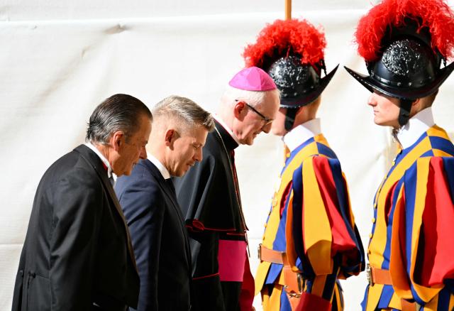 Hungarian Prime Minister Peter Magyar arrives at San Damaso courtyard before a private audience with Pope Leo XIV in The Vatican on September 24, 2026. (Photo by Alberto PIZZOLI / AFP)