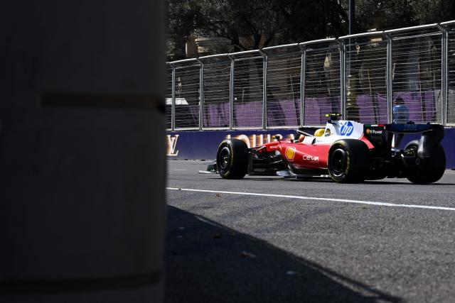 Ferrari's British driver Lewis Hamilton steers his car during the first practice session ahead of the Formula One Azerbaijan Grand Prix at the Baku City Circuit in Baku on September 24, 2026. (Photo by Igor IVANKO / AFP)