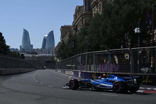 Williams' Spanish driver Carlos Sainz steers his car during the first practice session ahead of the Formula One Azerbaijan Grand Prix at the Baku City Circuit in Baku on September 24, 2026. (Photo by Igor IVANKO / AFP)