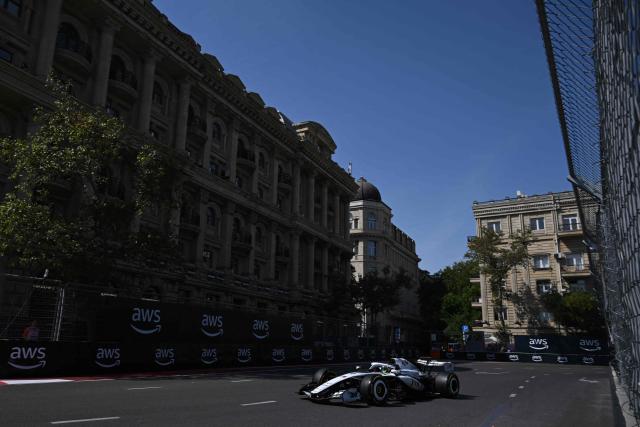 Cadillac's Mexican driver Sergio Perez steers his car during the first practice session ahead of the Formula One Azerbaijan Grand Prix at the Baku City Circuit in Baku on September 24, 2026. (Photo by Igor IVANKO / AFP)