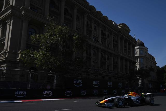Racing Bulls' British driver Arvid Lindblad steers his car during the first practice session ahead of the Formula One Azerbaijan Grand Prix at the Baku City Circuit in Baku on September 24, 2026. (Photo by Igor IVANKO / AFP)