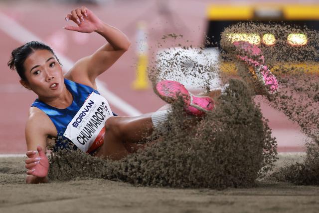Thailand's Parinya Chuaimaroeng competes in the women's triple jump final during the 2026 Asian Games at Nagoya City Mizuho Park Athletic Stadium in Nagoya, Aichi Prefecture on September 24, 2026. (Photo by DAVID GRAY / AFP)