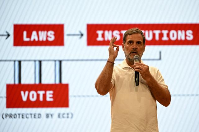 India's Opposition Leader Rahul Gandhi addresses a press conference at Congress party headquarters in New Delhi on September 24, 2026. (Photo by Sajjad HUSSAIN / AFP)