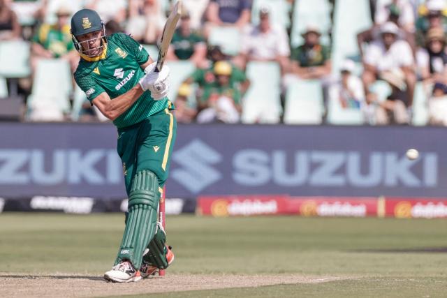 South Africa's Marco Jansen plays a shot during the first one-day international (ODI) cricket match between South Arica and Australia at the Kingsmead stadium in Durban on September 24, 2026. (Photo by GIANLUIGI GUERCIA / AFP)