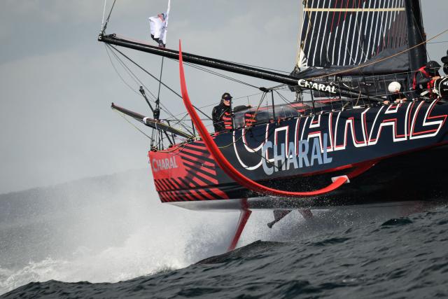 French skipper Jeremie Beyou sails his Imoca monohull Charal during the run event of the Defi Azimut ahead of the Route du Rhum solo sailing race, in the Atlantic Ocean off Lorient, western France, on September 16, 2026. The Transatlantic Route du Rhum solo sailing race from Saint-Malo in western France to Pointe-a-Pitre in the French overseas island of Guadeloupe is scheduled to depart on November 1, 2026. (Photo by Loic VENANCE / AFP)