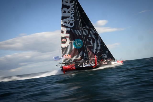 French skipper Jeremie Beyou sails his Imoca monohull Charal during the run event of the Defi Azimut ahead of the Route du Rhum solo sailing race, in the Atlantic Ocean off Lorient, western France, on September 16, 2026. The Transatlantic Route du Rhum solo sailing race from Saint-Malo in western France to Pointe-a-Pitre in the French overseas island of Guadeloupe is scheduled to depart on November 1, 2026. (Photo by Loic VENANCE / AFP)