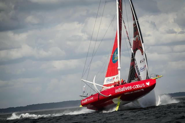 French skipper Violette Dorange sails her Imoca monohull Initiative Coeur during the run event of the Defi Azimut ahead of the Route du Rhum solo sailing race, in the Atlantic Ocean off Lorient, western France, on September 16, 2026. The Transatlantic Route du Rhum solo sailing race from Saint-Malo in western France to Pointe-a-Pitre in the French overseas island of Guadeloupe is scheduled to depart on November 1, 2026. (Photo by Loic VENANCE / AFP)