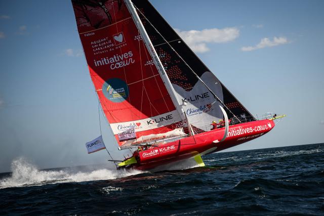 French skipper Violette Dorange sails her Imoca monohull Initiative Coeur during the run event of the Defi Azimut ahead of the Route du Rhum solo sailing race, in the Atlantic Ocean off Lorient, western France, on September 16, 2026. The Transatlantic Route du Rhum solo sailing race from Saint-Malo in western France to Pointe-a-Pitre in the French overseas island of Guadeloupe is scheduled to depart on November 1, 2026. (Photo by Loic VENANCE / AFP)