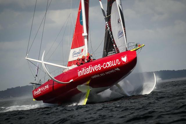 French skipper Violette Dorange sails her Imoca monohull Initiative Coeur during the run event of the Defi Azimut ahead of the Route du Rhum solo sailing race, in the Atlantic Ocean off Lorient, western France, on September 16, 2026. The Transatlantic Route du Rhum solo sailing race from Saint-Malo in western France to Pointe-a-Pitre in the French overseas island of Guadeloupe is scheduled to depart on November 1, 2026. (Photo by Loic VENANCE / AFP)