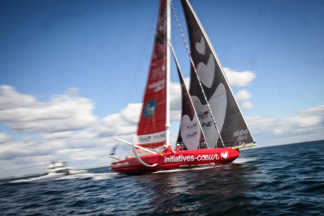 French skipper Violette Dorange sails her Imoca monohull Initiative Coeur during the run event of the Defi Azimut ahead of the Route du Rhum solo sailing race, in the Atlantic Ocean off Lorient, western France, on September 16, 2026. The Transatlantic Route du Rhum solo sailing race from Saint-Malo in western France to Pointe-a-Pitre in the French overseas island of Guadeloupe is scheduled to depart on November 1, 2026. (Photo by Loic VENANCE / AFP)