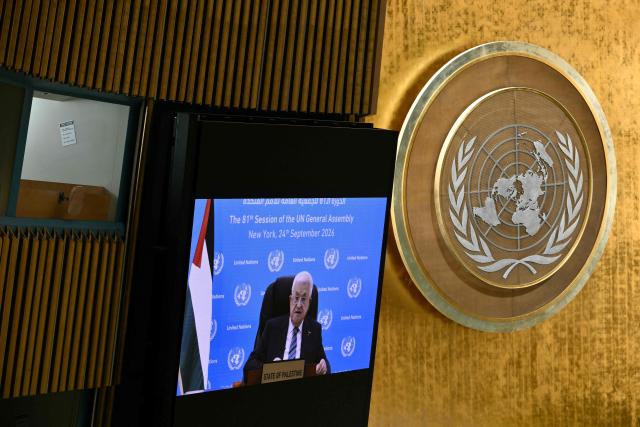Palestinian president Mahmud Abbas addresses the 81st United Nations General Assembly by video at UN headquarters in New York on September 24, 2026. (Photo by ANGELA WEISS / AFP)