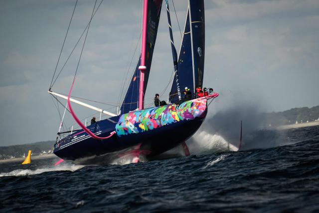 French skipper Armel Tripon sails his Imoca monohull Les P'tits Doudous during the run event of the Defi Azimut ahead of the Route du Rhum solo sailing race, in the Atlantic Ocean off Lorient, western France, on September 16, 2026. The Transatlantic Route du Rhum solo sailing race from Saint-Malo in western France to Pointe-a-Pitre in the French overseas island of Guadeloupe is scheduled to depart on November 1, 2026. (Photo by Loic VENANCE / AFP)