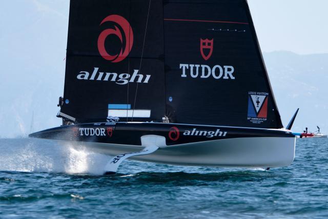 Challenger Swiss' Tudor Team Alinghi takes part in a practice session during the Louis Vuitton 38th America's Cup Preliminary race event in Naples, on September 24, 2026. (Photo by Eliano Imperato / AFP)