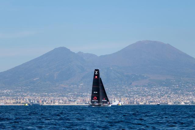 Challenger Swiss' Tudor Team Alinghi takes part in a practice session during the Louis Vuitton 38th America's Cup Preliminary race event in Naples, on September 24, 2026. (Photo by Eliano Imperato / AFP)
