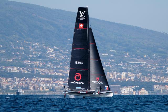 Challenger Swiss' Tudor Team Alinghi takes part in a practice session during the Louis Vuitton 38th America's Cup Preliminary race event in Naples, on September 24, 2026. (Photo by Eliano Imperato / AFP)