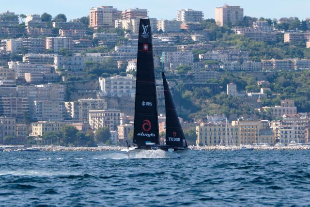 Challenger Swiss' Tudor Team Alinghi takes part in a practice session during the Louis Vuitton 38th America's Cup Preliminary race event in Naples, on September 24, 2026. (Photo by Eliano Imperato / AFP)