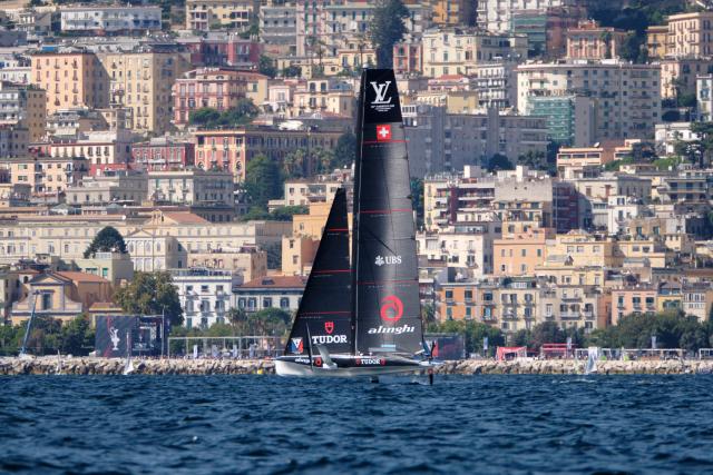 Challenger Swiss' Tudor Team Alinghi takes part in a practice session during the Louis Vuitton 38th America's Cup Preliminary race event in Naples, on September 24, 2026. (Photo by Eliano Imperato / AFP)
