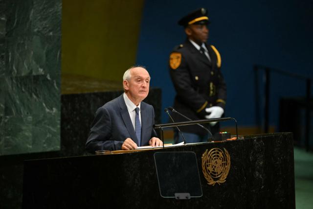 Hungarian President András Baka addresses the 81st United Nations General Assembly at UN headquarters in New York on September 24, 2026. (Photo by ANGELA WEISS / AFP)