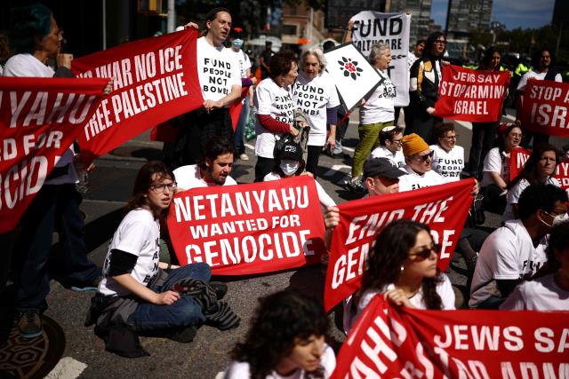 Pro-Palestinian demonstrators block First Avenue near the United Nations headquarters building, ahead of Israel's Prime Minister Benjamin Netanyahu's address to the 81st United Nations General Assembly in New York, on September 24, 2026. (Photo by CHARLY TRIBALLEAU / AFP)
