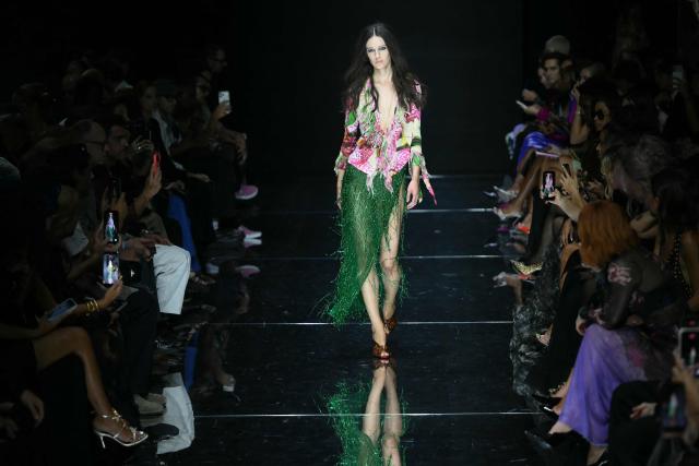 A model walks the runway during the Roberto Cavalli collection show as part of Women's Spring/Summer 2027 Milan's fashion week, on September 24, 2026. (Photo by Marco BERTORELLO / AFP)