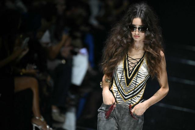 A model walks the runway during the Roberto Cavalli collection show as part of Women's Spring/Summer 2027 Milan's fashion week, on September 24, 2026. (Photo by Marco BERTORELLO / AFP)
