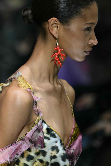 A model walks the runway during the Roberto Cavalli collection show as part of Women's Spring/Summer 2027 Milan's fashion week, on September 24, 2026. (Photo by Marco BERTORELLO / AFP)