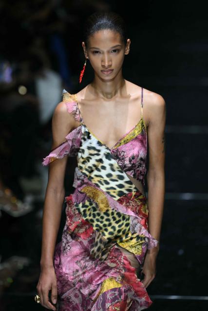 A model walks the runway during the Roberto Cavalli collection show as part of Women's Spring/Summer 2027 Milan's fashion week, on September 24, 2026. (Photo by Marco BERTORELLO / AFP)
