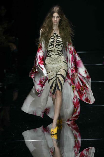 A model walks the runway during the Roberto Cavalli collection show as part of Women's Spring/Summer 2027 Milan's fashion week, on September 24, 2026. (Photo by Marco BERTORELLO / AFP)