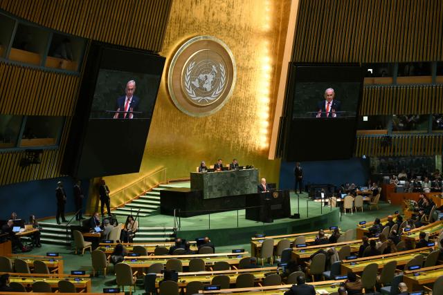 Israeli Prime Minister Benjamin Netanyahu addresses the 81st United Nations General Assembly at UN headquarters in New York on September 24, 2026. (Photo by ANGELA WEISS / AFP)