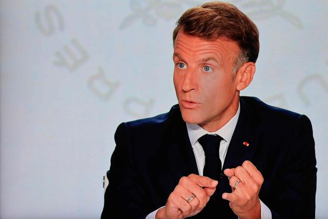 France's President Emmanuel Macron speaks during an interview with France 2 and TF1 at the Elysee Presidential Palace, in Paris on September 24, 2026. The interview is broadcasted live on both French TV channels TF1 and France 2. (Photo by Ludovic MARIN / AFP)