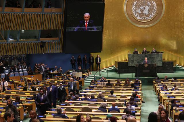 Some attendees and delegation members walk out as Israel's Prime Minister Benjamin Netanyahu speaks during the 81st United Nations General Assembly at the United Nations Headquarters in New York, on September 24, 2026. (Photo by TIMOTHY A. CLARY / AFP)