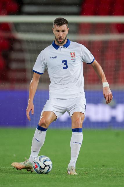 Serbia's defender #03 Strahinja Pavlovic controls the ball during the UEFA Nations League phase group A2 football match between Serbia and Greece at the Rajko Mitic Stadium in Belgrade on September 24, 2026. (Photo by Pedja Milosavljevic / AFP)