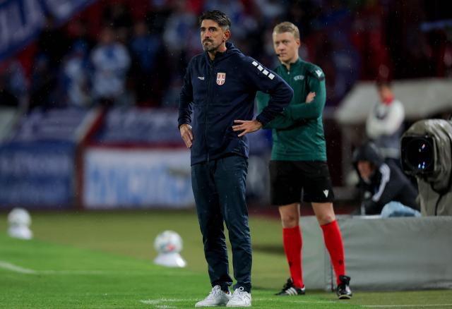 Serbia's head coach Veljko Paunovic looks from the touchline during the UEFA Nations League phase group A2 football match between Serbia and Greece at the Rajko Mitic Stadium in Belgrade on September 24, 2026. (Photo by Pedja Milosavljevic / AFP)