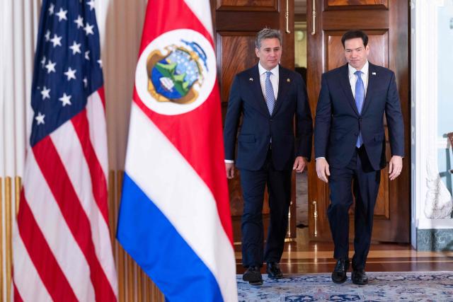(FILES) US Secretary of State Marco Rubio (R) walks with Costa Rican Foreign Minister Manuel Tovar Rivera prior to meetings at the State Department in Washington, DC, September 16, 2026. Costa Rica's President Laura Fernandez fired her foreign minister Manuel Tovar on September 24, 2026, for attending a regional security meeting chaired by US President Donald Trump in New York without telling her. (Photo by SAUL LOEB / AFP)