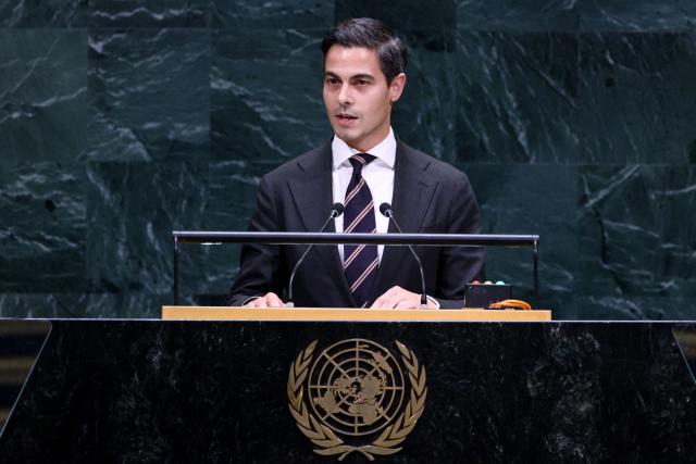 Netherlands' Prime Minister Rob Jetten speaks during the 81st United Nations General Assembly at UN headquarters in New York on September 24, 2026. (Photo by Leonardo MUNOZ / AFP)