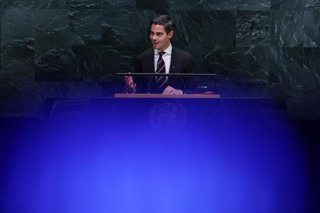 Netherlands' Prime Minister Rob Jetten speaks during the 81st United Nations General Assembly at UN headquarters in New York on September 24, 2026. (Photo by Leonardo MUNOZ / AFP)