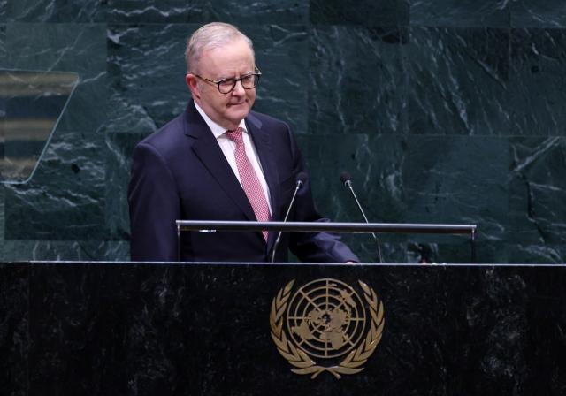 Australia's Prime Minister Anthony Albanese arrives to speak during the 81st United Nations General Assembly at UN headquarters in New York on September 24, 2026. (Photo by Leonardo MUNOZ / AFP)
