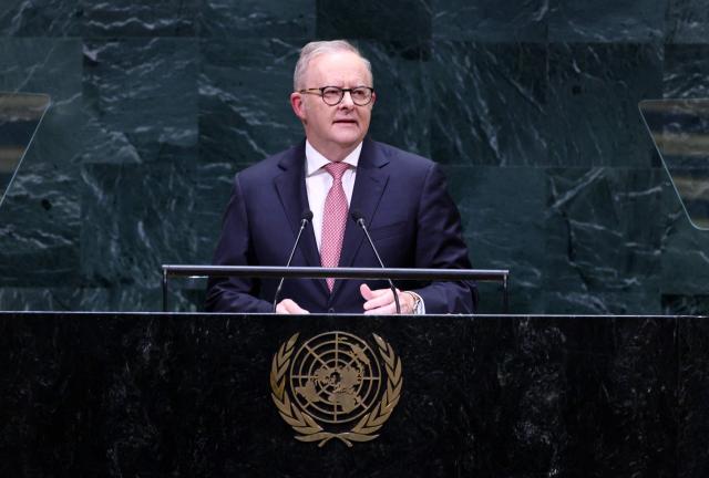 Australia's Prime Minister Anthony Albanese speaks during the 81st United Nations General Assembly at UN headquarters in New York on September 24, 2026. (Photo by Leonardo MUNOZ / AFP)