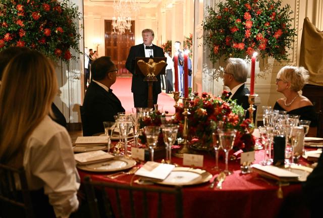 US President Donald Trump speaks during a state dinner for Chinese President Xi Jinping at the White House in Washington, DC, on September 24, 2026. President Xi is on a State visit to the United States from September 23 to 25. (Photo by Brendan SMIALOWSKI / AFP)