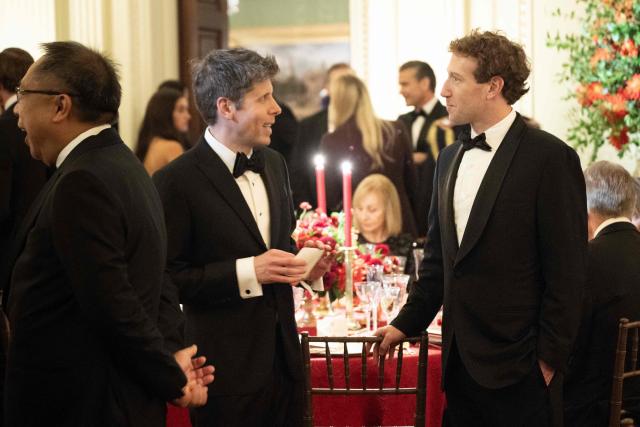 OpenAI CEO Sam Altman (L) and Meta CEO Mark Zuckerberg (R) attend a state dinner hosted by President Donald Trump for Chinese President Xi Jinping in the East Room of the White House in Washington, DC, on September 24, 2026. President Xi is on a State visit to the United States from September 23 to 25. (Photo by Brendan Smialowski / AFP)
