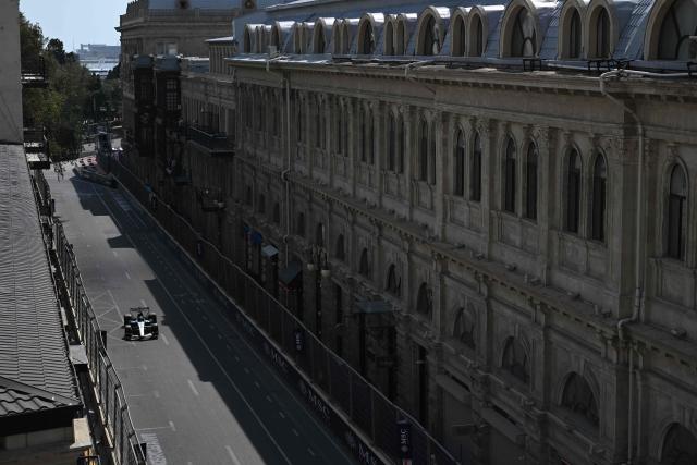 Mercedes' British driver George Russell steers his car during the third practice session ahead of the Formula One Azerbaijan Grand Prix at the Baku City Circuit in Baku on September 25, 2026. (Photo by Igor IVANKO / AFP)