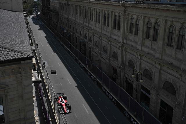 Ferrari's Monegasque driver Charles Leclerc steers his car during the third practice session ahead of the Formula One Azerbaijan Grand Prix at the Baku City Circuit in Baku on September 25, 2026. (Photo by Igor IVANKO / AFP)