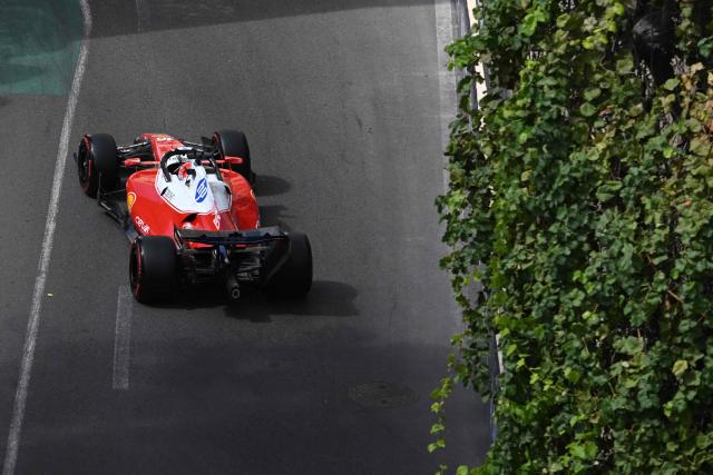 Ferrari's Monegasque driver Charles Leclerc steers his car during the third practice session ahead of the Formula One Azerbaijan Grand Prix at the Baku City Circuit in Baku on September 25, 2026. (Photo by Igor IVANKO / AFP)