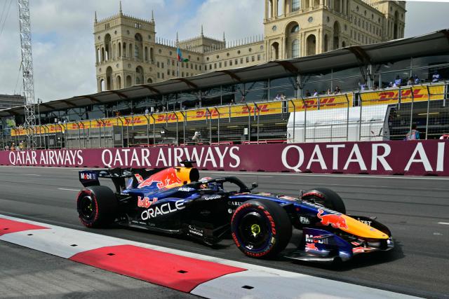 Red Bull Racing's Dutch driver Max Verstappen steers his car during the third practice session ahead of the Formula One Azerbaijan Grand Prix at the Baku City Circuit in Baku on September 25, 2026. (Photo by Andrej ISAKOVIC / AFP)