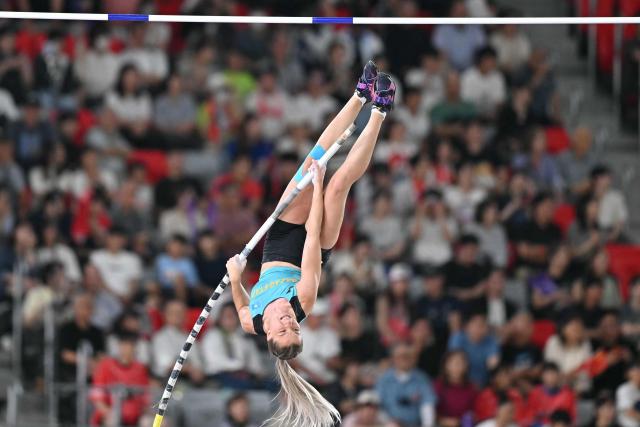 Kazakhstan's Polina Ivanova competes in the women's pole vault final during the 2026 Asian Games at Nagoya City Mizuho Park Athletic Stadium in Nagoya, Aichi Prefecture on September 25, 2026. (Photo by MOHD RASFAN / AFP)