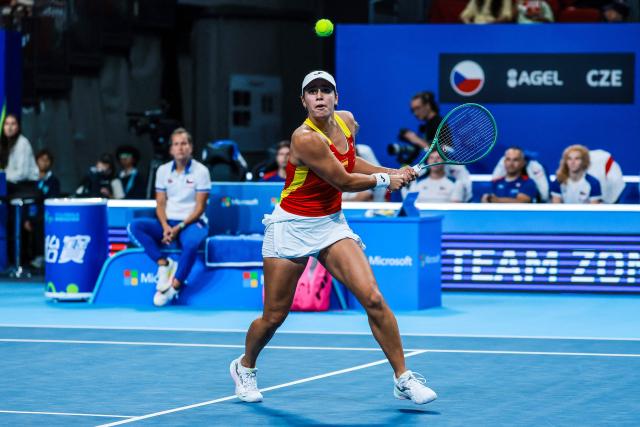 Spain’s Jessica Bouzas Maneiro hits a return to Czech Republic’s Karolina Muchova during their women’s singles semi-final match at the Billie Jean King Cup tennis tournament in Shenzhen, in China’s southern Guangdong province on September 25, 2026. (Photo by CN-STR / AFP) / China OUT