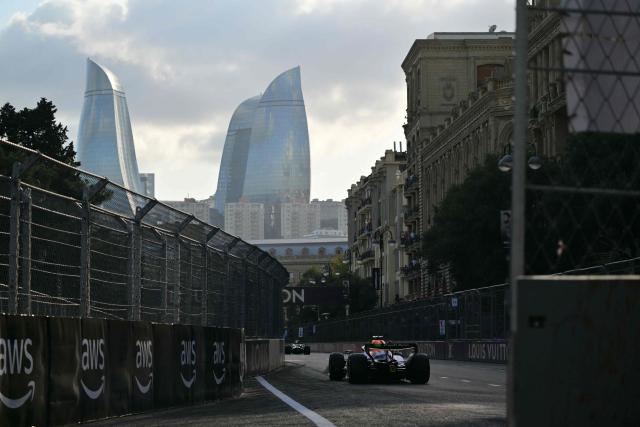 Racing Bulls' British driver Arvid Lindblad steers his car during the qualifying session of the Formula One Azerbaijan Grand Prix at the Baku City Circuit in Baku on September 25, 2026. (Photo by Andrej ISAKOVIC / AFP)