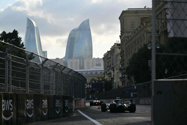 Mercedes' British driver George Russell steers his car during the qualifying session of the Formula One Azerbaijan Grand Prix at the Baku City Circuit in Baku on September 25, 2026. (Photo by Andrej ISAKOVIC / AFP)